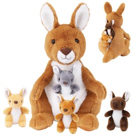 5 PCS Kangaroo Stuffed Animal, 16 Inches Mommy Stuffed Kangaroo Plush with 4 Babies Insides, Kangaroos Plushies with Pouch and Joey Plush Toys in Zipper for Kids Birthday Gift Christmas Party Favors