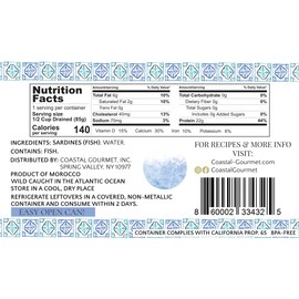 Coastal Gourmet Sardines in Water- No Salt Added 4.375 oz. (Pack of 12) (Packaging May Vary)