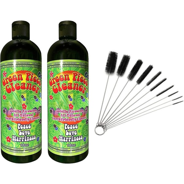 2 bottles of the 16 oz Green Piece Cleaner with 5 piece glass tube cleaner and 10 piece glass tube cleaner (2 Glass Cleaners with 10 Nylon Tube Cleaners)