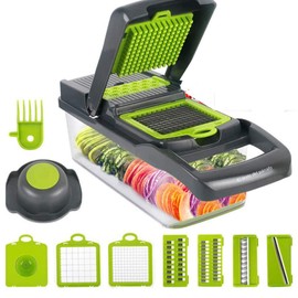 Inteligencia en el Hogar, Picador de verduras, picadora de frutas multifuncional, con 6 cuchillas de acero inoxidable, cortador de verduras 12 en 1 con contenedor, cortador de mandolina para cocina, ideal para frutas, verduras y ensaladas, rayador de que
