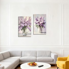 ZQQART Lilacs Wall Art for Bathroom Set 2 Purple Floral Canvas Art Farmhouse Flower Paintings Living Room Decor Framed(Purple,11.00"x14.00"x2P)