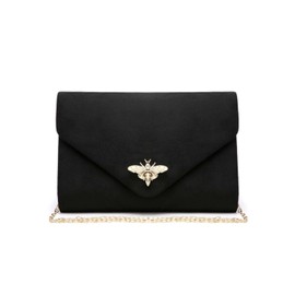 Kitise Women's Fashion V envelope Bee Clasp Faux Suede Clutch Handbag Evening Purse Bag With Chain Strap-BLACK