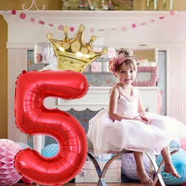 40 Inch Gold Crown Number 5 Balloons, 5th Birthday Balloons for Men Women, Red 5 Celebration Decor Happy 5th Birthday Party,0-9 Party Decoration Wedding Anniversary Events Supplies (Red 5)