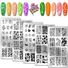PH PandaHall 5pcs Floral Leaf Nail Art Templates, 96 Patterns Plant Nail Stamping Coconut Tree Nail Art Stencils Stainless Steel Nail Image Plates for Spring Nail Design Print Manicure Salon