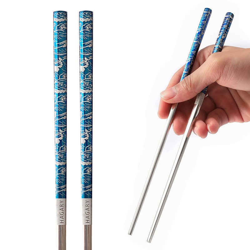Hagary Blue Wave Chopsticks 5 Pairs Metal Chopsticks Reusable Designed