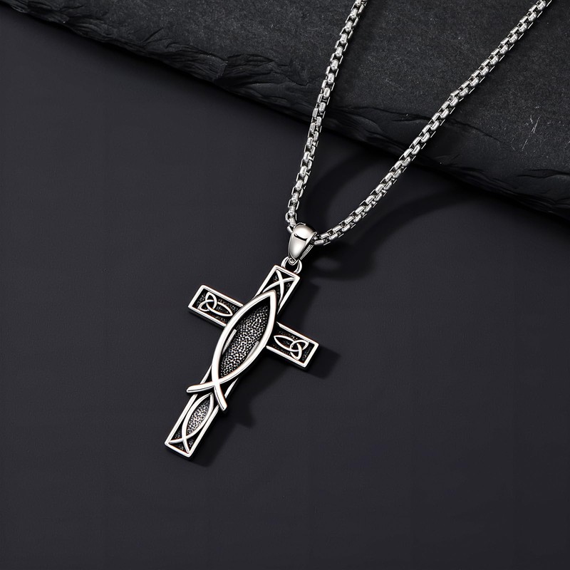 ROMANTICWORK Cross Necklace for Men 925 Sterling Silver Christian Fish