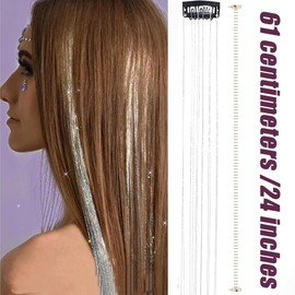 WUSJCOF Pack of 12 Glitter Hair Strands Tinsel Hair Extensions, Glitter Girls Accessories, Party Highlights, Hair Strands for Braiding, Hairpiece with Clip (Silver)