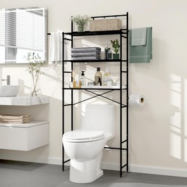 MallCreaty 3-Tier Over The Toilet Storage Rack, Freestanding Bathroom Shelves Organizer with Hooks and Toilet Paper Holder, Space Saver Metal Shelf for Small Bathroom, White