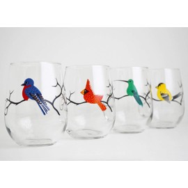 Stemless Wine Glass Set of 4 Birds - Silkscreened Glassware Collection - Bird Watching Gifts