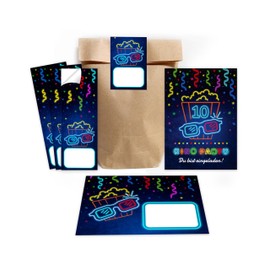 Minkocards 12 Invitation Cards for 10th Children's Birthday Cinema Girls Boys Invitations with 12 Envelopes, 12 Party Bags/Natural, 12 Stickers Invitation Set