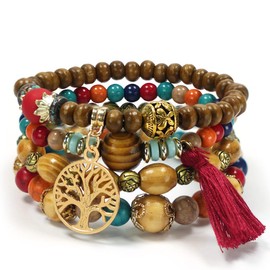 LICHUANUK Boho 4 Stück Armbänder Holzperlen Quaste Armband, Chakra Armband für Frauen, Natürliches Kristall heilsteine armband, Frauen Baum des Lebens Charm Statement Armreifen, Rot