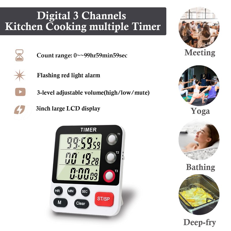 QINFIEY Digital 3 Channels Kitchen Cooking Multiple Timer with Large