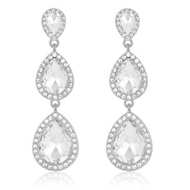 Silver Clear Rhinestone Teardrop Earrings Vintage Crystal Long Dangle Drop Earrings for Women Wedding Prom Costume
