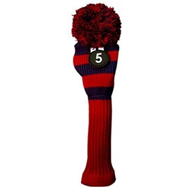 Majek #5 Fairway Metal Wood Red & Blue Golf Headcover Knit Pom Pom Retro Classic Vintage Head Cover