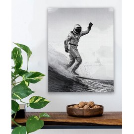 Solar Surfer: 16x20 Unframed Poster - Black and White Photography of Spaceman Surfing in a Spacesuit - Funny Beach House Decor, Man Cave, Bar, Gift for Surfers, Scifi Interstellar Surfing Astronaut