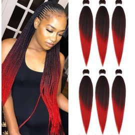 Pre Stretched Braiding Hair Ombre Red Braiding Hair Extensions For Braids 26 Inch 6 Packs Yaki Textured Crochet Synthetic Hair Hot Water Setting Crochet Extensions (26 Inch, 1B-Red#)