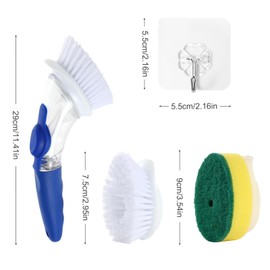 Vandicka Spülbürste mit Spülmittelspender, Befüllbare Geschirrbürste, 2 Ersatzbürstenköpfe, Abrasionfrei, Befüllbare Spülbürste für Geschirr, Töpfe, Küchenspülen Reinigung, mit 2 Haken (Blau)