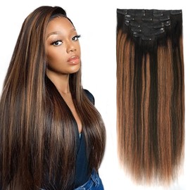 SixStarHair Clip ins Yaki Straight Human Hair for Black Women Balayage Black to Natural Black #1B Mixed with Auburn #30 Yaki Straight Clip in Human Hair Extensions 18 Inch 7 Pieces 120G per Pack