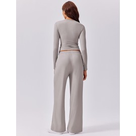 PINSPARK 2 Piece Sets for Women Crewneck Cropped Tops Drawstring Straight Leg Pants Stretchy Travel Outfit Lightweight Lounge Wear, Light Grey Large