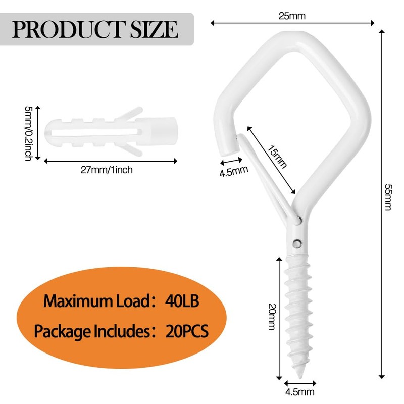 Screw Hooks, 20 Pieces White Screw Hooks, Ceiling Hooks, Wall
