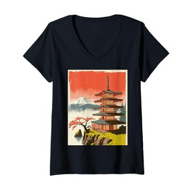 Womens Japanese Pagoda Temple Mount Fuji Cherry Blossom Art V-Neck T-Shirt