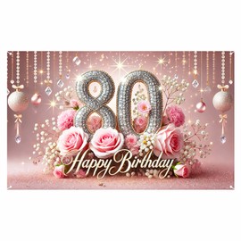 Nuxovilar 80th Birthday Banner - Elegant Pink & Gold Floral Backdrop with Glitter "80" Sign, 71x43 Inch Large Party Decor for Women & Men, Reusable Indoor/Outdoor Hanging