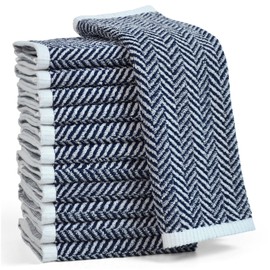 Cleanbear Wash Cloths for Showering with Striped Herringbone Patterns, 12 Cotton Washcloths for Bathroom, Large 13 X 13 Inches, Navy-Blue