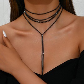 YGBDS Black Rhinestone Choker Necklace for Women Silver Black Rhinestone Y Neckalce Dainty Layered Choker Neckalces Boho Fashion Long Neckalces for Women (Black Style)
