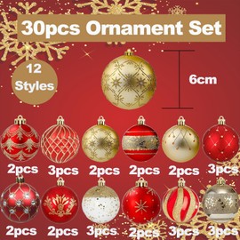 Christmas Baubles Christmas Tree Decoration Set, 30 Pieces, Plastic, Red Gold Christmas Tree Baubles with Hanger, Christmas Tree Decoration, Christmas Decorations