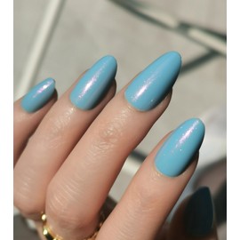 Morily Short Fake Press on Nails Almond with Glitter Designs, Sky Blue Acrylic Thick Stick on False Nail Reusable Glossy Full Cover Manicure for Women, 32 Pcs