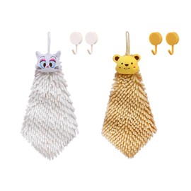 SHINCULSUN Cute Cartoon Animal Soft Chenille Ball Absorbent Fast Drying Hanging Hand Towels Both Sides Use with Hanging Loops for Home Kitchen Bathroom Towel Cleaning Tool (Cat + Bear)