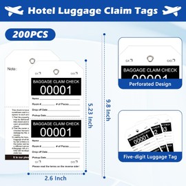 200 etiquetas de equipaje para equipaje de hotel a granel con cuerda blanca de papel para cheque de reclamación de equipaje perforado, boletos de identificación de equipaje negro, numeración de serie