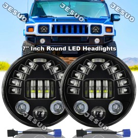 JESUO For 2003-2009 Hummer H2 Pair 7" inch Round LED Headlights High Low Beam DRL Lamp