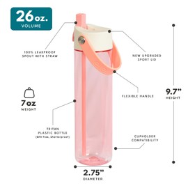 Elemental Splash Water Bottle with Straw - BPA-Free Tritan Plastic Reusable Water Bottle with Strap - Leak-Proof Water Bottle for Travel, Gym and Sports - Blue Raspberry & Strawberry - 26oz (2 Pack)