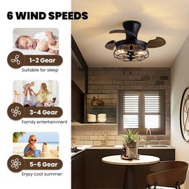 CROSSIO 22" Retractable Ceiling Fans with Lights, Black Caged Fandelier Ceiling Fans with Remote, 6 Wind Speeds,Invisible Blades, Industrial Flush Mount Small Ceiling Fan for Bedroom Living Room
