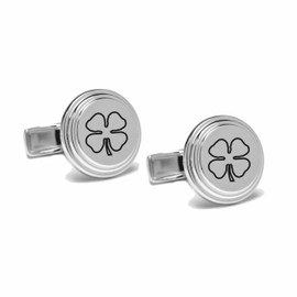 Engraved Beveled Circle Silver Four Leaf Clover Shamrock Cufflinks - Ships From USA