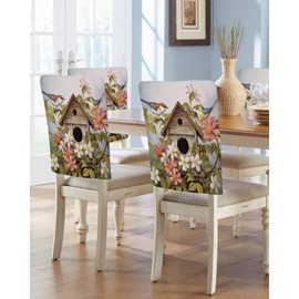 DecorLovee Birdhouse Vintage Chair Back Cover, Dining Chair Protector Covers, Spring Floral Birds Botanical Chair Covers Removable Chair Slipcovers for Weeding Banquet Party 19"x20", 4 Pack