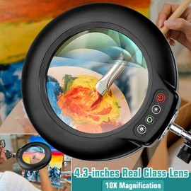10X Magnifying Glass with Light and Stand, 3-in-1 Adjustable Swivel Arm LED Magnifying Floor Lamp, 5 Color Modes Brightness Stepless Dimming Lighted Magnifier Hands Free with Clamp for Craft, Reading