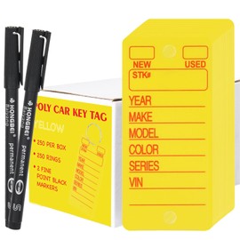 250-Pack Durable Thicken Plastic Car Key Tags with Metal Rings | Waterproof Writable Automotive Key Labels for Dealerships, Fleet & Home Organization (Yellow, Includes 2 Black Markers)