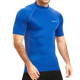 TERODACO Rash Vest Mens Short Sleeve UV 50+ Swimming Shirts for Men Compression Sweat Wicking Rash Guard Mens Base Layer for Wetsuit Diving Surfing,Quick Dry Lightweight Stretchy 222 Blue S
