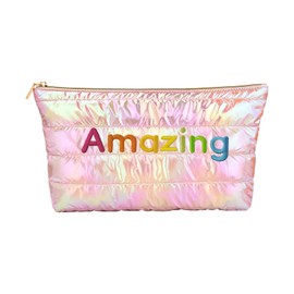 Hiroyuki Iridescent Quilted Makeup Bag, Unicorn Vibe Cosmetic Bag, Large Capacity Travel-Friendly Pouch (Amazing, pink2)