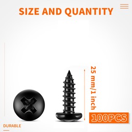 100 PCS #6 X 1 inch 18-8 (A2) Stainless Steel Pan Head Phillips Wood Screws, Black Coated Full Thread No.6 X 1'' Multipurpose Screw by TPOHH