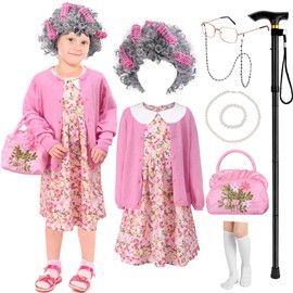 Zivyes Old Lady Costume for Girls 100 Days of School Costumes Granny Wig Glasses Necklace Grandma Dress Up Accessories(Pink, L)