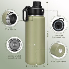 Milifox 18 oz Stainless Steel Water Bottle with Spout Lid, Vacuum Insulated Double Wall Water Bottle Wide Mouth Leak Proof BPA Free Keeps Cold 18 Hours or Hot 8 Hours(Light Army Green)