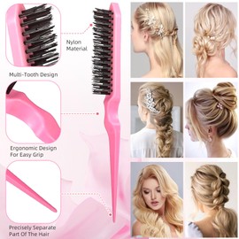 Hair Styling ToolS Triple Teasing Combet: Triple Teasing Brush, Edge Brush, Rat Tail Combs, Braid Loops and Clips for Women, Girls, Pink