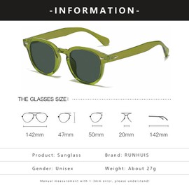 RUNHUIS Retro Round Sunglasses for Men and Women, Fashion Vintage UV400 Protection Sunglasses, Olive Green/Dark Green