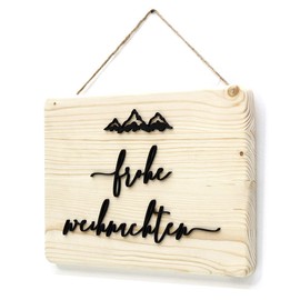 Tür-Schild Frohe Weihnachten aus Holz – Weihnachtsschild mit 3D Schrift Deko aus Natur-Holz – Berge-Türdeko für Advent, Winter, Christmas, Xmas