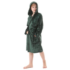 V.&GRIN Boys Fleece Robe, Hooded Plush Soft Fuzzy Bathrobe for Kids 5-14 Years（Olive Green 5-6）