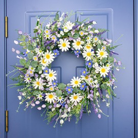 22 Inches Spring Wreaths for Front Door Blue Spring Door Wreath Summer Floral Wreath with Wildflower Lanvender for Wall Porch Indoors Outdoor Window Home Decorations