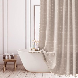 Farmhouse Brown Shower Curtain - Boho Modern Linen Fabric Shower Curtains for Bathroom, Chic Cute Wrinkle Free Thick Bathroom Curtain Set with Tassel - Bohemian Cloth Shower Curtain Long 72x72, Tan